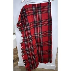 VINTAGE FARIBO FLUFF-LOOMED WOOL Plaid Blanket 45"/42"Red Black